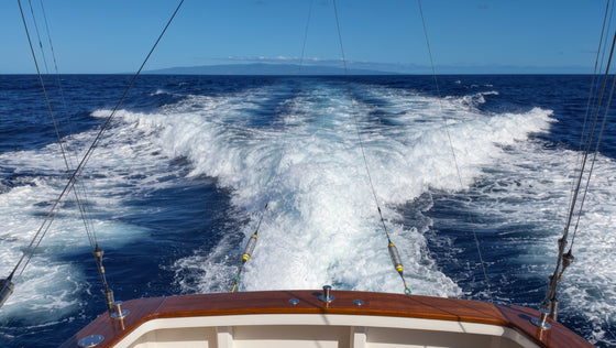 View from a sportfishing boat stern with trolling lines running into open Pacific water, island ridgeline on the horizon