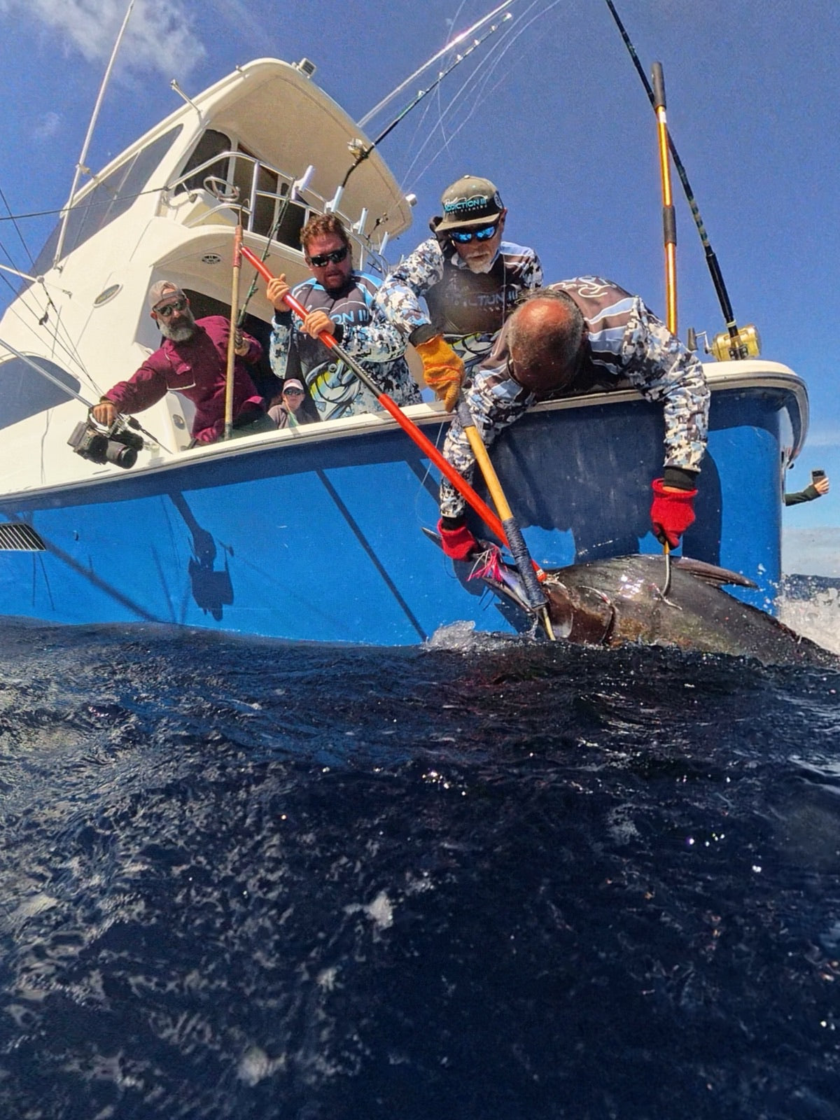 Crew leadering and gaffing a yellowfin ahi at the side of a blue sportfishing boat in open Hawaii water